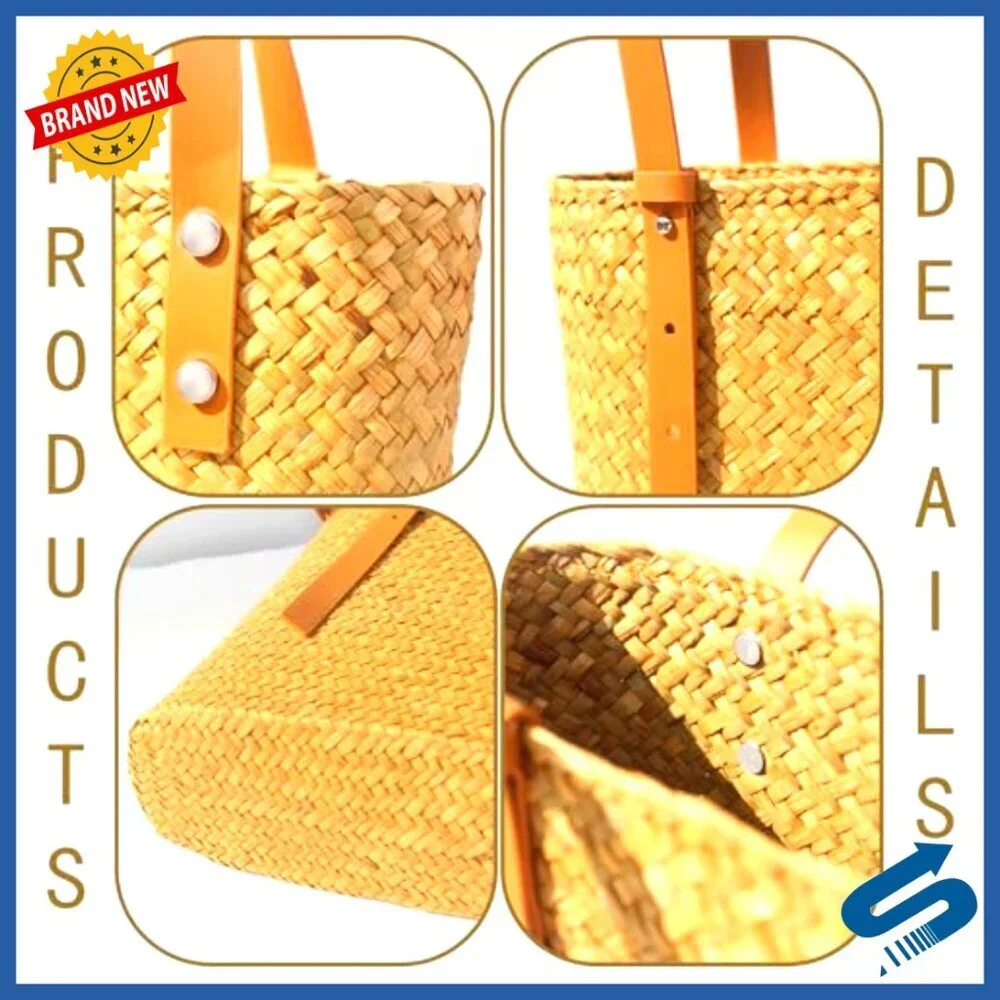 Natural Rattan Woven Tote Bag Handmade Beach Purse Summer Vacation Boho